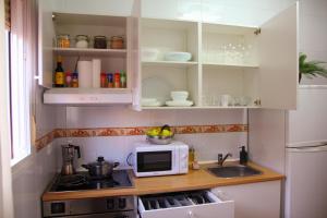 una pequeña cocina con fregadero y microondas en Villa Ahumor Apartamento entero 20 m Sevilla -6pax, en Dos Hermanas