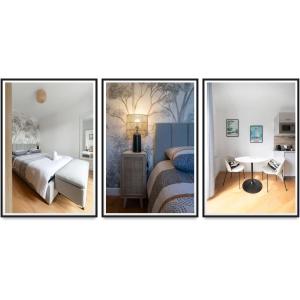 three pictures of a bedroom with a bed and a table at Le Royal - Appartement design - Hyper centre in Vichy