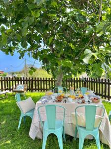 a table with food on it under a tree at Casa Nueva cerca del Mar en cala Berellin in Prellezo