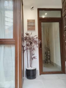 una habitación con un espejo y un jarrón con plantas. en Arte i Espacio Home, en Madrid