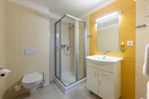 a bathroom with a shower and a toilet and a sink at Penzion Terezka in Dolní Morava