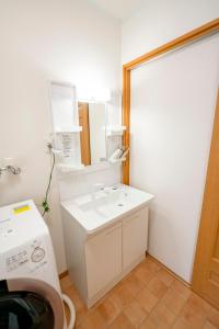 a white bathroom with a sink and a mirror at Villa Futaba若松町 in Hakodate
