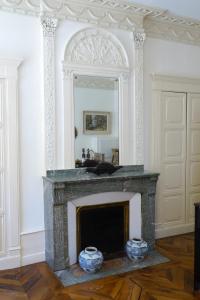 - un salon avec une cheminée et un miroir dans l'établissement Maison Eugénie, à Luchon