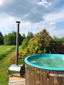 einen Whirlpool in einem Garten mit einem Brunnen in der Unterkunft Pirts Baudas in Sīveci