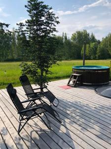 zwei Stühle und ein Baum auf einer Terrasse mit Pool in der Unterkunft Pirts Baudas in Sīveci