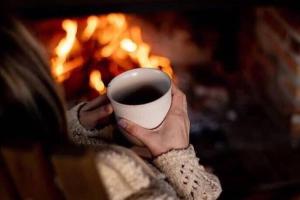 a person holding a cup of coffee in front of a fire at Guajuvira House Casa de Campo in Araucária