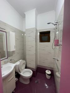 y baño con aseo, lavabo y ducha. en Bora Hotel en Gjirokastër