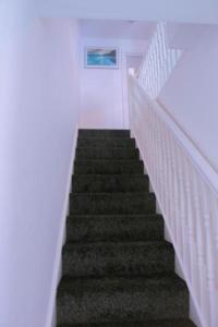 een trap in een witte kamer met een groen tapijt bij Superb Leighton Street House in Liverpool