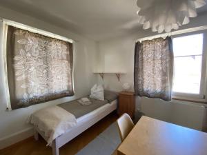 um pequeno quarto com uma cama e 2 janelas em Gästehaus Sonne em Zuchwil