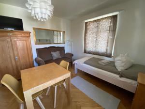 ein Wohnzimmer mit einem Sofa und einem Tisch in der Unterkunft Gästehaus Sonne in Zuchwil