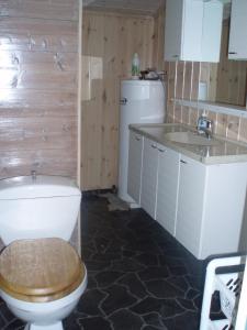 a small bathroom with a toilet and a sink at Haugland Gard in Haugaland