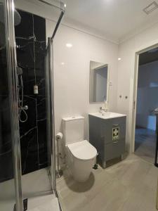 a bathroom with a toilet and a sink and a shower at Casa do Forno d'Aldeia in Mouços