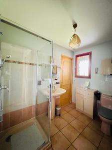 een badkamer met een glazen douche en een wastafel bij Gite Les Garbails in Le Barp
