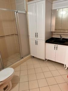 ein Bad mit einem WC, einer Dusche und einem Waschbecken in der Unterkunft Апартаменты in Tömük