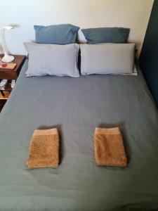 a bed with two pillows on it with two towels at La chambre du bosquet in Le Mans