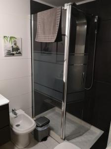 een badkamer met een douche, een toilet en een wastafel bij El Medano by Agüita Salada Suites in El Médano