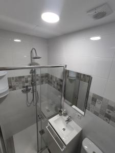 ein Bad mit einer Dusche, einem Waschbecken und einem WC in der Unterkunft Apartamento delux2 in Valencia