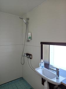 La salle de bains est pourvue d'un lavabo et d'une douche. dans l'établissement Vastseliina Metskond Camping, à Vahtseliina