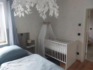 a baby crib in a bedroom with a chandelier at Haus am Seidelberg in Dürrhennersdorf