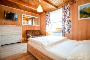 a bedroom with a large bed and a tv at Apartament u Gabrysi in Białka Tatrzańska