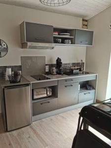 eine Küche mit Küchengeräten aus Edelstahl in einem Zimmer in der Unterkunft Chaleureux Studio de 35m2 totalement indépendant in Fors