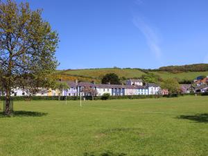 un grand champ d'herbe avec des maisons et un arbre dans l'établissement Y Bwthyn Bach, à Lampeter