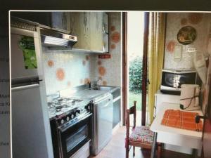 a kitchen with a stove and a sink and a refrigerator at Villa Olga Lago Maggiore in Castelveccana
