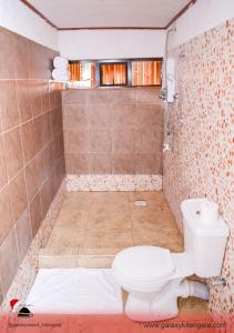 a small bathroom with a toilet and a shower at Galaxy Resort Kitengela in Athi River