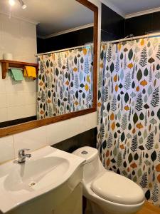y baño con lavabo, aseo y cortina de ducha. en Cabañas Fischer SpA, en Niebla