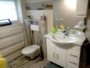 a bathroom with a white sink and a toilet at FeWo Am alten Holzplatz in Drübeck +31 photos