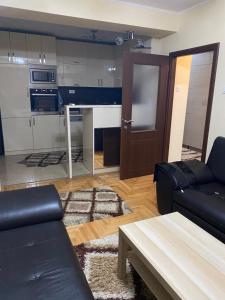 uma sala de estar com um sofá e uma cozinha em Viki Apartments em Strumica