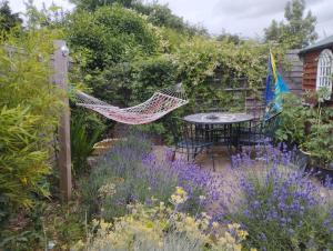 a hammock in a garden with purple flowers at Offa Hideaway in Leamington Spa