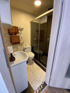 カウナスにあるNice place to stay close to cityのシャワー、洗面台、トイレ付きのバスルーム