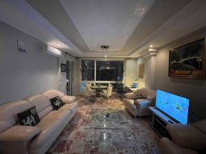 a living room with couches and a flat screen tv at Pine-Tree Spacious 2 BDR Apartment near Tanners' Bridge with hot tub in Tirana