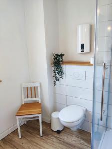 a small bathroom with a toilet and a chair at Apartment mit Garten, 10 min zu Fuß in die Koblenzer Altstadt in Koblenz