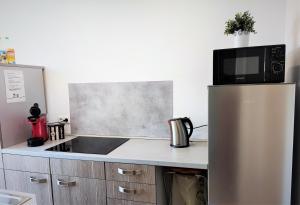 a kitchen with a sink and a refrigerator at Apartment mit Garten, 10 min zu Fuß in die Koblenzer Altstadt in Koblenz