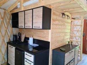 a kitchen in a tiny house at Ale-Wioska 