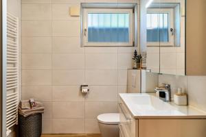a bathroom with a sink and a toilet and a mirror at Ferienwohnung Kuckucksnest in Lahr +16 photos