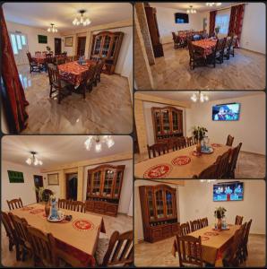 four pictures of a dining room with tables and chairs at Pensiunea Adriana in Vadu Izei