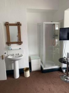 a bathroom with a shower and a sink and a toilet at Trinity Guest House in Hartlepool