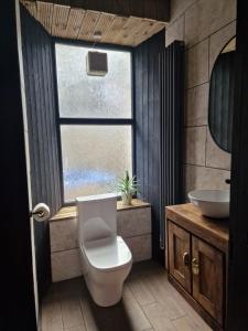 a bathroom with a toilet and a sink and a window at The Penny Black Apartment With Indoor Hot Tub in Slamannan