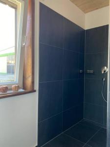a bathroom with a shower with blue tiles at Ferienwohnung Hüttenflair in Amberg