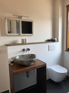 a bathroom with a sink and a toilet at Ferienwohnung Hüttenflair in Amberg