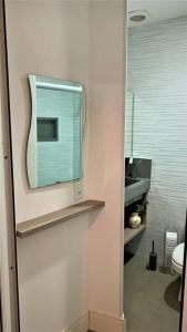 a bathroom with a mirror and a sink and a toilet at Apto Roma na Vila Paraíso: um cantinho feliz in Maringá