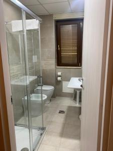a bathroom with a toilet and a glass shower at Park Hotel in Scanno