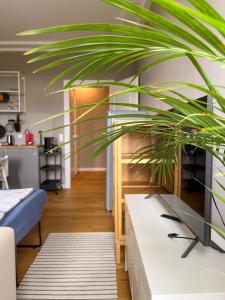 een woonkamer met een tafel en een plant bij Prorsus Apartment Design in Leipzig