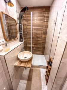 een badkamer met een wastafel en een douche bij Prorsus Apartment Design in Leipzig