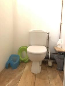 ein Badezimmer mit einem weißen WC und Holzböden in der Unterkunft Perle de lune in Billom