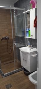 ein Bad mit einer Dusche und einem Waschbecken in der Unterkunft Apartment, sweet home in the town-center. in Bitola