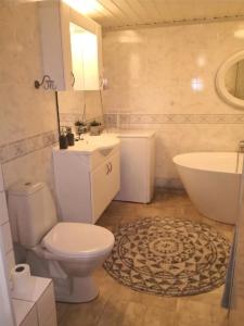 a bathroom with a toilet and a sink and a tub at Studioleilighet i kjeller ved stranden og hvalsenter NB Må vaskes etter endt leie eller betale rengjøringshjelpen 500 kr in Andenes